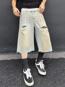 Manfinity EMRG Men's Summer Casual Streetwear Fashion Street Punk Daily Commute City Break Star Rivet Decor Distressed Frayed Hem Belt Not Included Light Blue - Light Wash - View 3