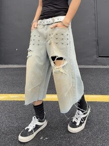 Manfinity EMRG Men's Summer Casual Streetwear Fashion Street Punk Daily Commute City Break Star Rivet Decor Distressed Frayed Hem Belt Not Included Light Blue - Light Wash - View 6