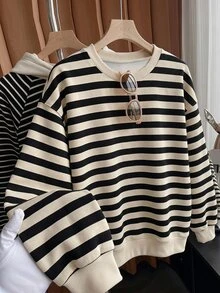 SHEIN Tween Girls Vintage Basic Black And White Striped Print Crew Neck Drop Shoulder Fleece Sweatshirt Street Retro Style Casual Fall Layering Y2K School - Multicolor - View 2