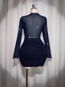 SHEIN ICON 大尺碼女款黑色秋季 70 年代風晚宴夜店派對優雅復古 Y2K 現代亮片網紗透視百褶裹身修身長袖晚禮服 - 藏蓝色 - 查看 11