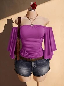 SHEIN ICON Women's Plus Size Off-Shoulder Solid Color Bell Sleeve Fashion Top - Purple - View 3
