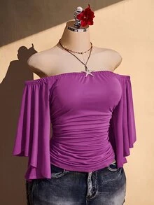 SHEIN ICON Women's Plus Size Off-Shoulder Solid Color Bell Sleeve Fashion Top - Purple - View 9