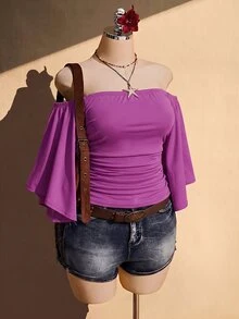 SHEIN ICON Women's Plus Size Off-Shoulder Solid Color Bell Sleeve Fashion Top - Purple - View 5