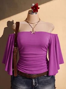 SHEIN ICON Women's Plus Size Off-Shoulder Solid Color Bell Sleeve Fashion Top - Purple - View 1
