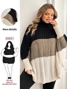 SHEIN CURVE+ Plus Size Women's Colorblock Casual Everyday Long Sleeve Sweater Winter - Multicolor - View 1