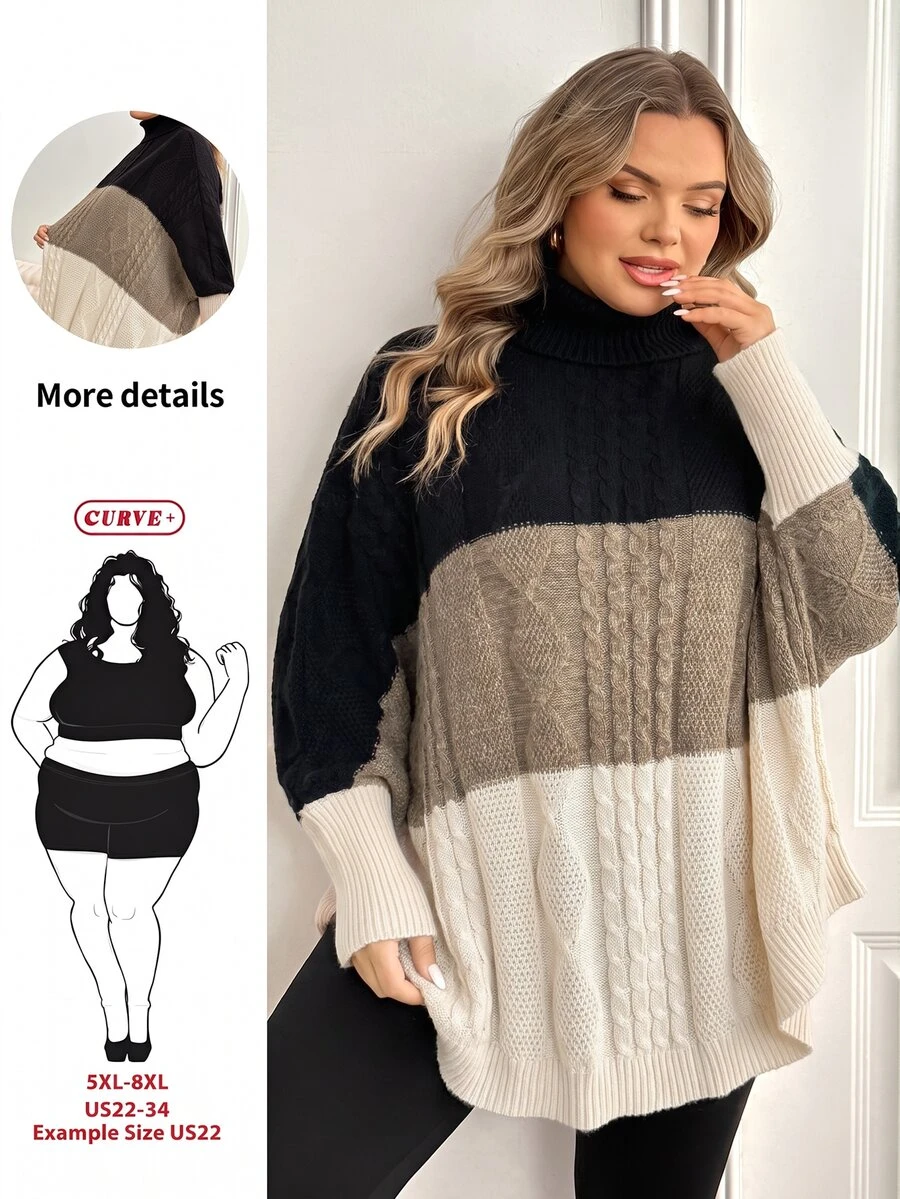 SHEIN CURVE+ Plus Size Women's Colorblock Casual Everyday Long Sleeve Sweater Winter - Multicolor - View 1
