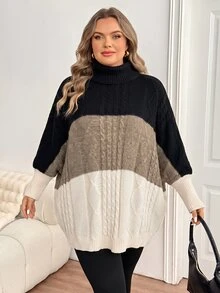 SHEIN CURVE+ Plus Size Women's Colorblock Casual Everyday Long Sleeve Sweater Winter - Multicolor - View 4