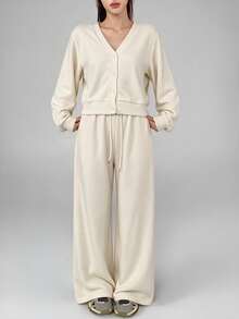 Livesso Women's Autumn/Winter Casual Modest Daily Commute Minimalist Solid Color Single-Breasted Open Front Jacket And Pants 2 Pieces Set Cream White White - Beige - View 3