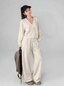Livesso Women's Autumn/Winter Casual Modest Daily Commute Minimalist Solid Color Single-Breasted Open Front Jacket And Pants 2 Pieces Set Cream White White - Beige - View 4