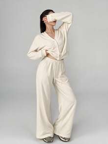 Livesso Women's Autumn/Winter Casual Modest Daily Commute Minimalist Solid Color Single-Breasted Open Front Jacket And Pants 2 Pieces Set Cream White White - Beige - View 5