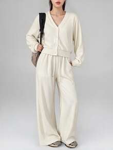 Livesso Women's Autumn/Winter Casual Modest Daily Commute Minimalist Solid Color Single-Breasted Open Front Jacket And Pants 2 Pieces Set Cream White White - Beige - View 1