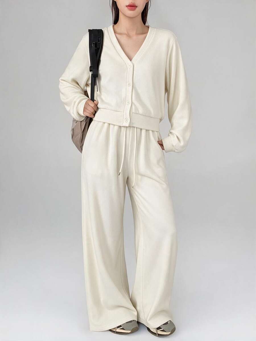 Livesso Women's Autumn/Winter Casual Modest Daily Commute Minimalist Solid Color Single-Breasted Open Front Jacket And Pants 2 Pieces Set Cream White White - Beige - View 1