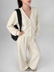 Livesso Women's Autumn/Winter Casual Modest Daily Commute Minimalist Solid Color Single-Breasted Open Front Jacket And Pants 2 Pieces Set Cream White White - Beige - View 6