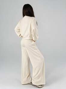 Livesso Women's Autumn/Winter Casual Modest Daily Commute Minimalist Solid Color Single-Breasted Open Front Jacket And Pants 2 Pieces Set Cream White White - Beige - View 2