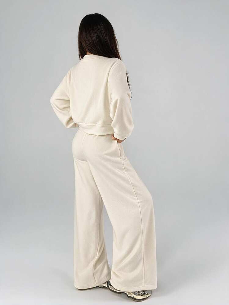 Livesso Women's Autumn/Winter Casual Modest Daily Commute Minimalist Solid Color Single-Breasted Open Front Jacket And Pants 2 Pieces Set Cream White White - Beige - View 2