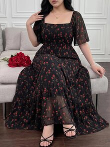 Vibekara 大尺碼女款法式優雅方領荷葉袖雪紡黑色小碎花長洋裝，春秋冬度假穿搭，適合派對、約會、酒吧、聚會、聖誕節、晚間約會、情人節、單身派對、晚餐，四季皆宜 - 黑色 - 查看 4