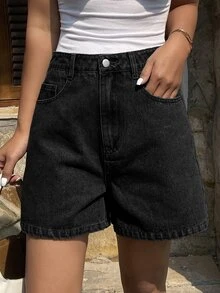 DAZY 女款水洗復古休閒牛仔短褲 Jorts 夏季小碼 - 黑色 - 查看 3