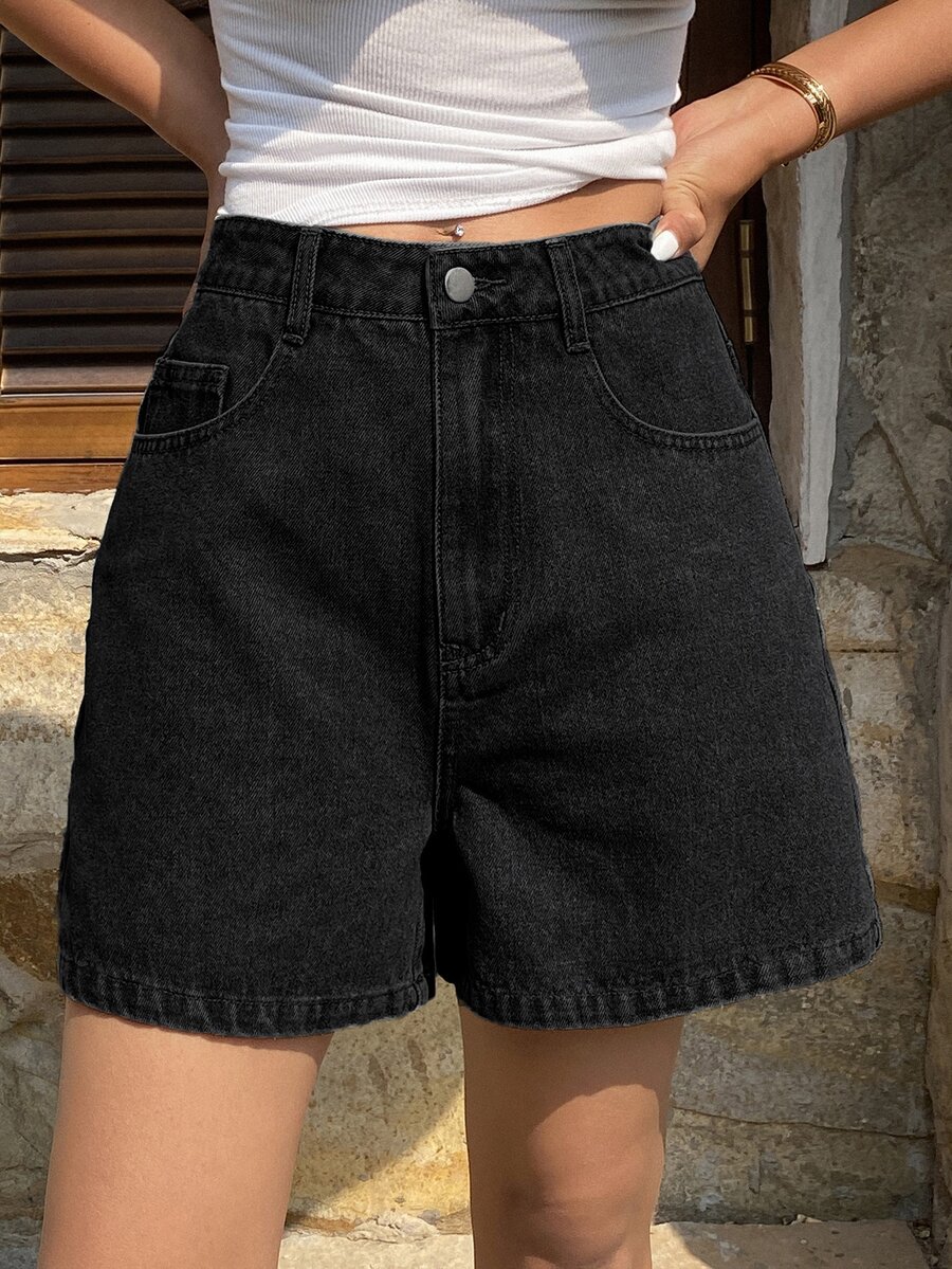 DAZY 女款水洗復古休閒牛仔短褲 Jorts 夏季小碼 - 黑色 - 查看 1