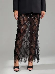 SHEIN Tall Embellished Pencil Maxi Skirt Wedding Reception Beaded Crystal Net Overlay Rhinestone Lattice - Black - View 1
