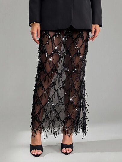 SHEIN Tall Embellished Pencil Maxi Skirt Wedding Reception Beaded Crystal Net Overlay Rhinestone Lattice