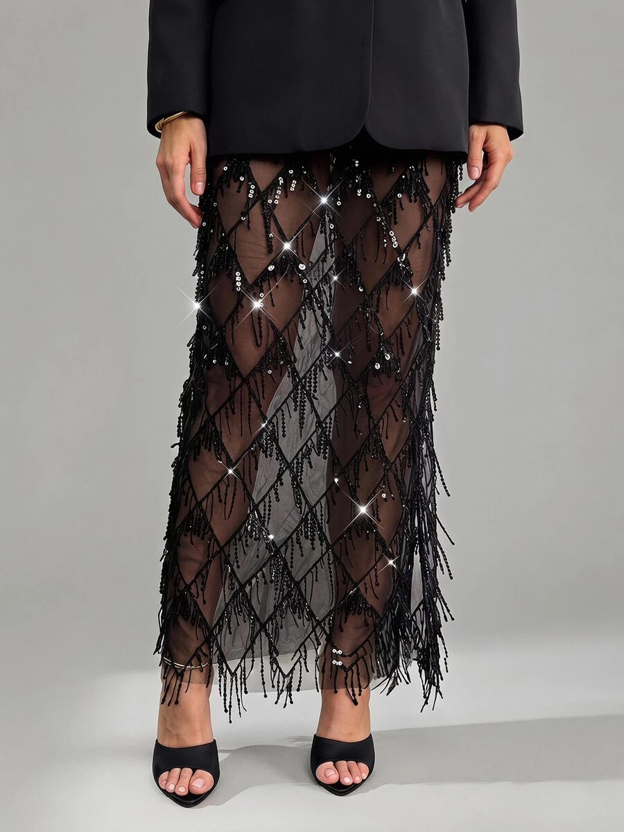 SHEIN Tall Embellished Pencil Maxi Skirt Wedding Reception Beaded Crystal Net Overlay Rhinestone Lattice - Black - View 1