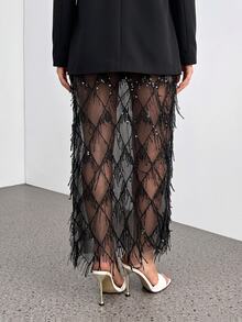SHEIN Tall Embellished Pencil Maxi Skirt Wedding Reception Beaded Crystal Net Overlay Rhinestone Lattice - Black - View 2