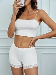 SHEIN Tall 蕾絲飾邊單車短褲，適合高個女性 - 白色 - 查看 5