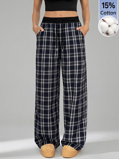 SHEIN Tall Tall Women's Casual Loose Checked Wide Leg Pants Lounge Pants Plaid Pants Pajama Pants Comfy Pants Loose Pants, Tall Women