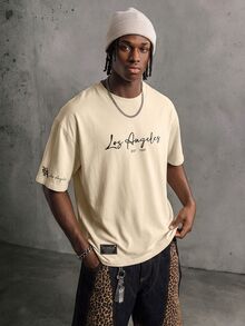 Manfinity EMRG Men's Casual Letter Print Short Sleeve T-Shirt, Summer Los Angeles T-Shirt Streetwear Streetwear Graphic Tee, 4th Of July - Khaki - View 2
