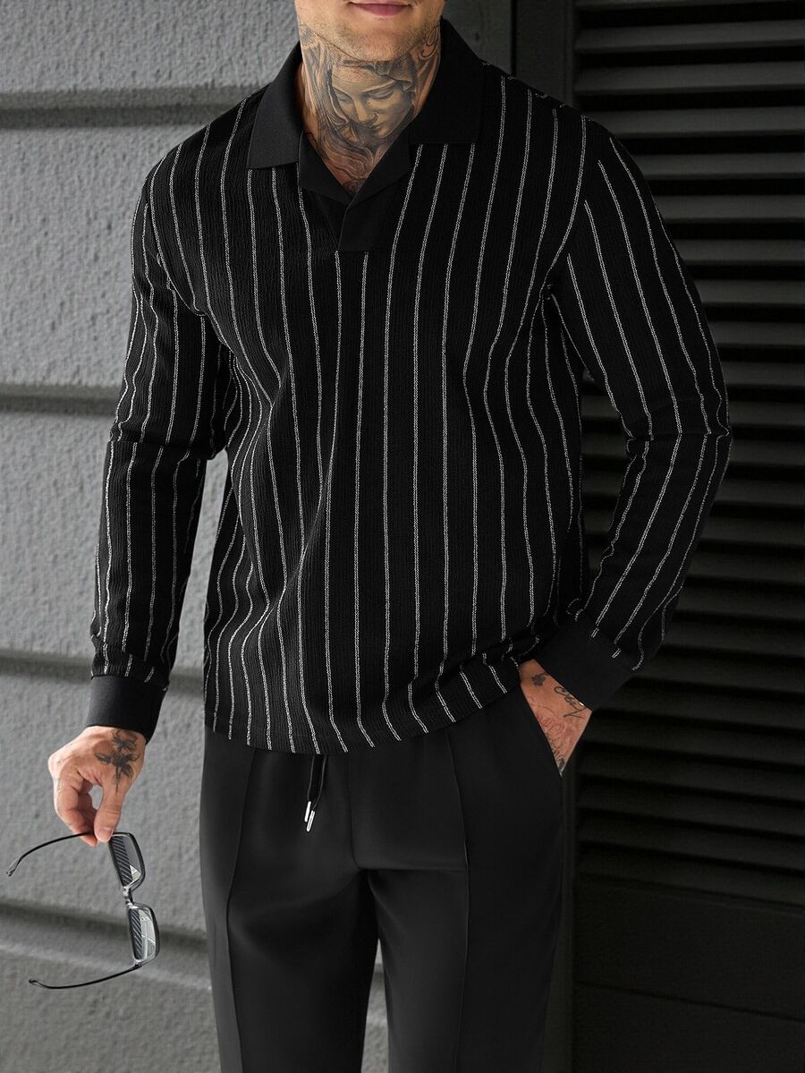 SLATEMANN Men's Striped Long Sleeve Polo Shirt And Pants Casual Daily Outfit - Black - View 1