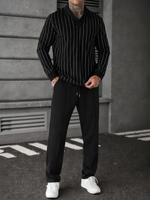 SLATEMANN Men's Striped Long Sleeve Polo Shirt And Pants Casual Daily Outfit - Black - View 3