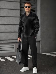 SLATEMANN Men's Striped Long Sleeve Polo Shirt And Pants Casual Daily Outfit - Black - View 5