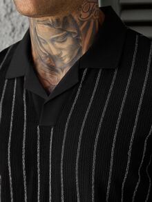 SLATEMANN Men's Striped Long Sleeve Polo Shirt And Pants Casual Daily Outfit - Black - View 4