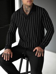 SLATEMANN Men's Striped Long Sleeve Polo Shirt And Pants Casual Daily Outfit - Black - View 7
