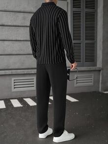 SLATEMANN Men's Striped Long Sleeve Polo Shirt And Pants Casual Daily Outfit - Black - View 2