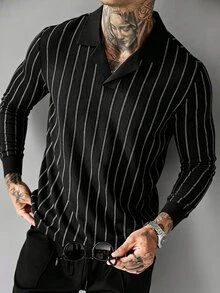 SLATEMANN Men's Striped Long Sleeve Polo Shirt And Pants Casual Daily Outfit - Black - View 6
