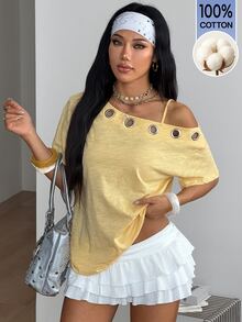 Coolane Women's Summer Comfortable Casual Streetwear Going Out Y2K Halloween Outfits Solid Color Yellow One Shoulder Metal Ring Loose Fit Short Sleeve T-Shirt - Yellow - View 3