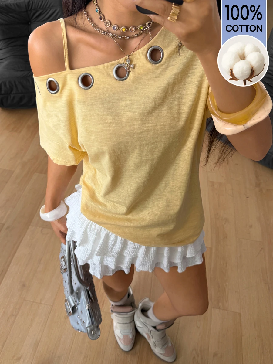 Coolane Women's Summer Comfortable Casual Streetwear Going Out Y2K Halloween Outfits Solid Color Yellow One Shoulder Metal Ring Loose Fit Short Sleeve T-Shirt - Yellow - View 1
