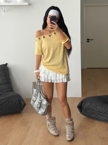 Coolane Women's Summer Comfortable Casual Streetwear Going Out Y2K Halloween Outfits Solid Color Yellow One Shoulder Metal Ring Loose Fit Short Sleeve T-Shirt - Yellow - View 2