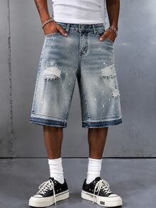 Manfinity EMRG Men's Fashionable Street Ripped Denim Shorts - Light Wash - View 1