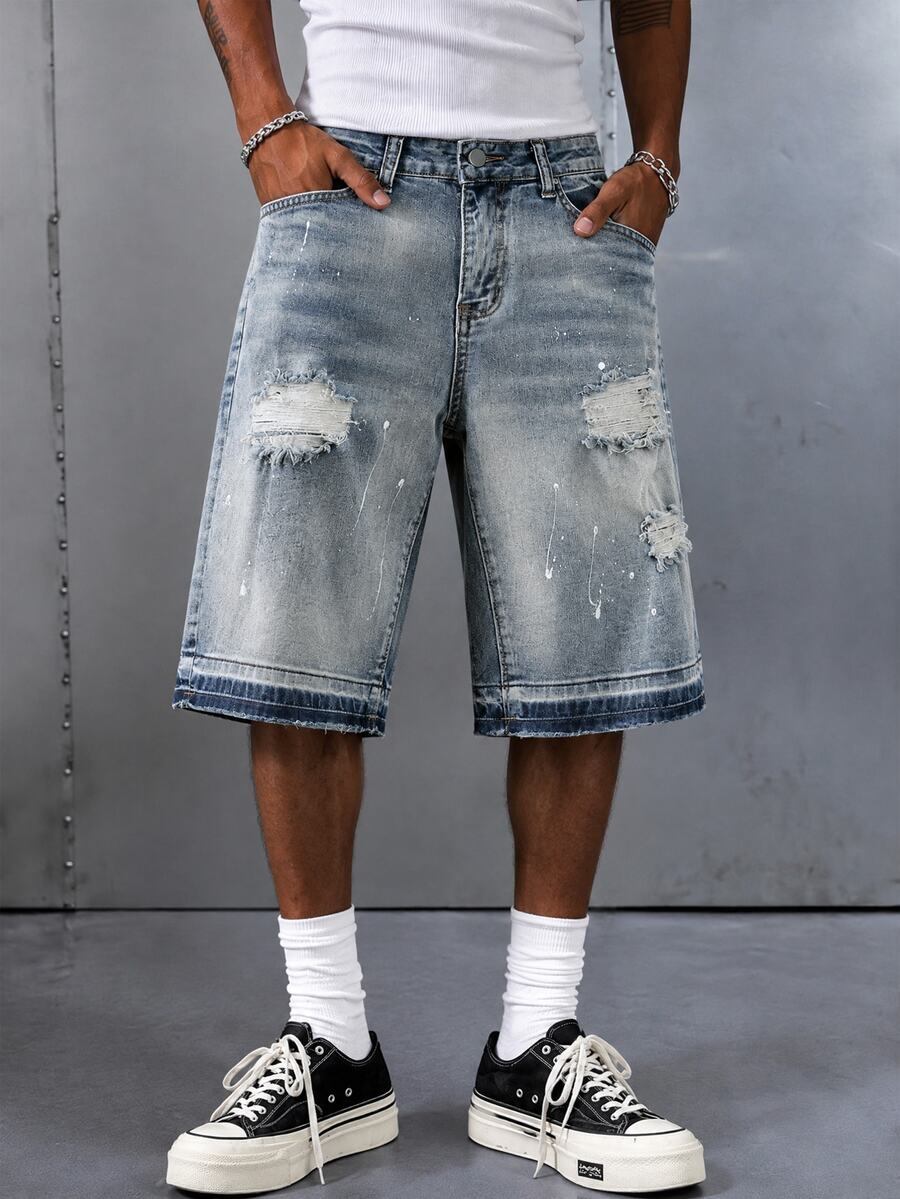 Manfinity EMRG Men's Fashionable Street Ripped Denim Shorts - Light Wash - View 1