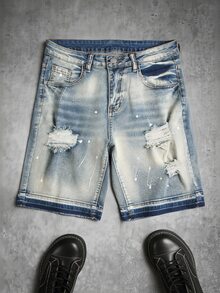 Manfinity EMRG Men's Fashionable Street Ripped Denim Shorts - Light Wash - View 3