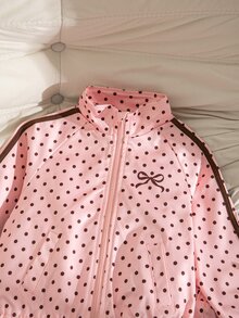 SHEIN 2件組女童春秋新款波點防風布料 2026 童裝蝴蝶結印花休閒時尚織帶裝飾立領拉鍊夾克與休閒長褲可愛甜美套裝 - 粉色 - 查看 4