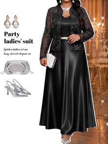 Fleurora Plus Size Women's Solid Color Dress And Long Sleeve Cardigan Fashion 2 Pieces Set Formal Cocktail Dinner Black Elegant Fall - Black - View 6