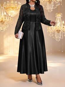 Fleurora Plus Size Women's Solid Color Dress And Long Sleeve Cardigan Fashion 2 Pieces Set Formal Cocktail Dinner Black Elegant Fall - Black - View 5
