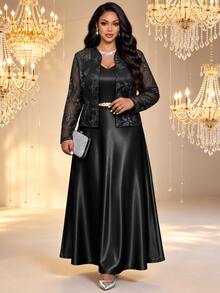 Fleurora Plus Size Women's Solid Color Dress And Long Sleeve Cardigan Fashion 2 Pieces Set Formal Cocktail Dinner Black Elegant Fall - Black - View 1