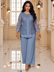 Fleurora Plus Size Autumn Elegant Contrast Mesh Floral Embroidery Top And Pants 2 Pieces Set Festival Outfits For Women Wedding Formal Outfit Powder Blue Fall - Blue - View 2