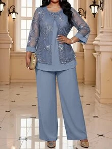 Fleurora Plus Size Autumn Elegant Contrast Mesh Floral Embroidery Top And Pants 2 Pieces Set Festival Outfits For Women Wedding Formal Outfit Powder Blue Fall - Blue - View 7