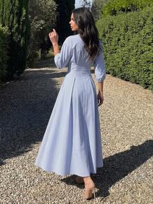 Firerie 女款優雅秋季通勤辦公度假浪漫精緻V領燈籠袖抓褶腰A字中長白色洋裝 - 藍白色 - 查看 7