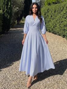 Firerie 女款優雅秋季通勤辦公度假浪漫精緻V領燈籠袖抓褶腰A字中長白色洋裝 - 藍白色 - 查看 8